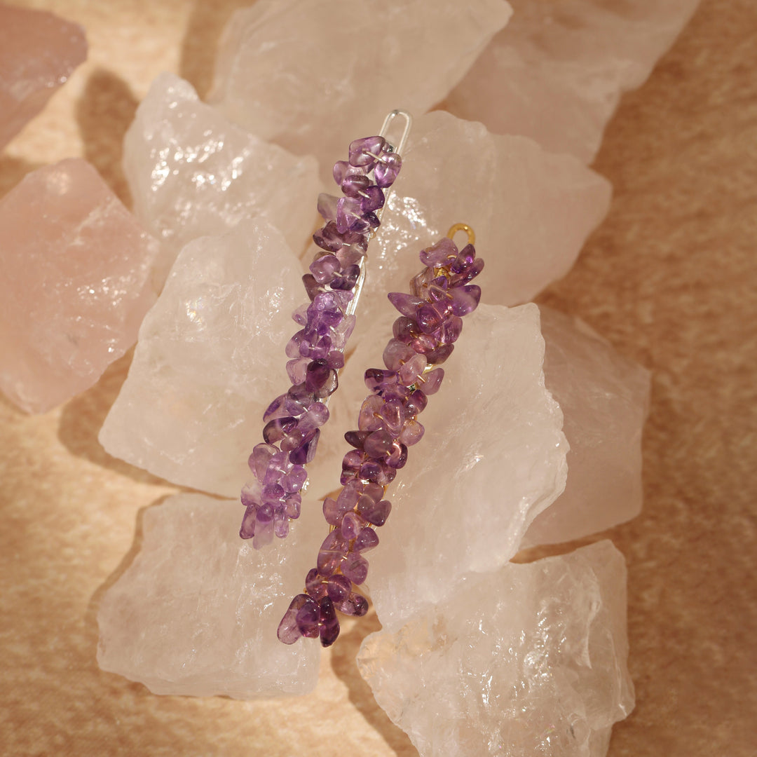 Amethyst purple beaded hair clip with curved silver-tone prongs