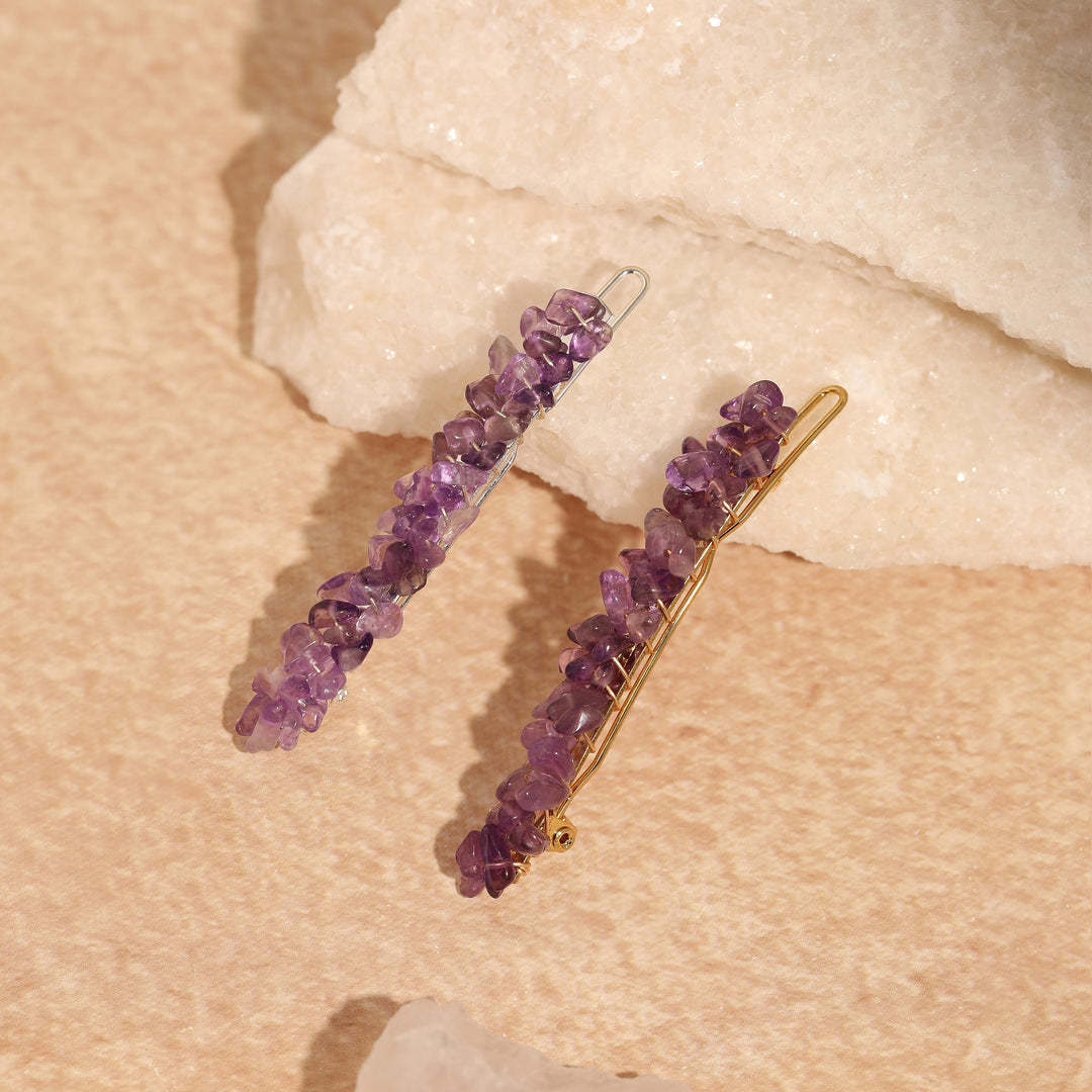 Pair of amethyst purple beaded hair clips with silver-tone and gold-tone prongs