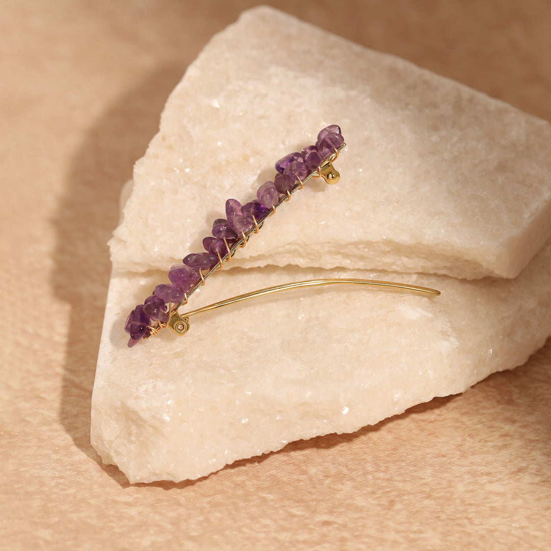 Gold-tone hair clip with amethyst purple beaded row and hinged barrette frame