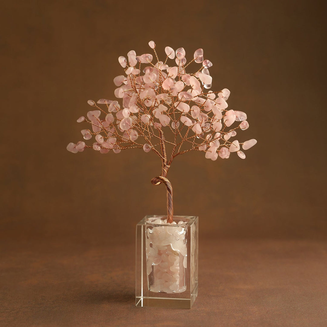 Rose quartz pink crystal bead tree in clear cube base with wrapped wire trunk