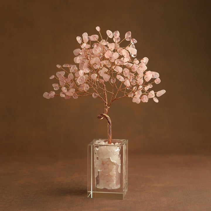 Rose quartz pink crystal bead tree in clear cube base with wrapped wire trunk