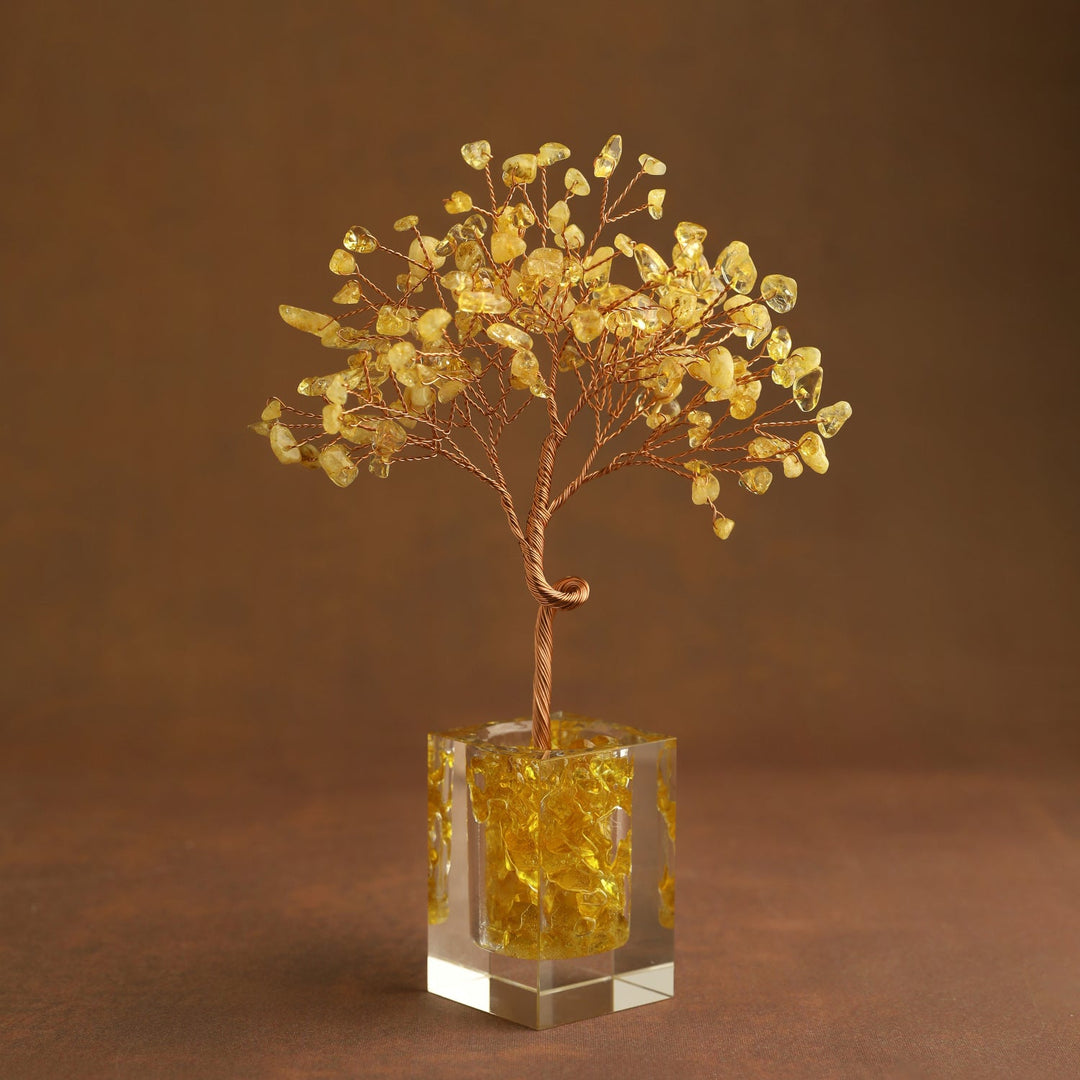 Yellow gemstone crystal tree ornament with clustered leaves and clear cube base