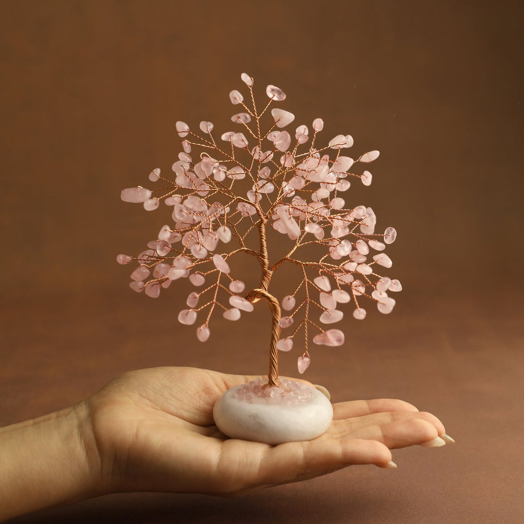 Rose quartz crystal tree with white jade base