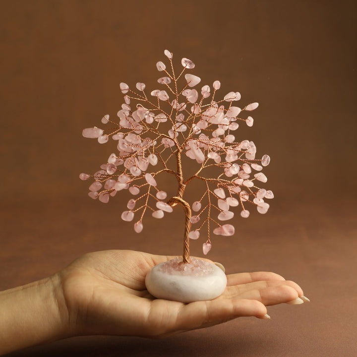 Rose quartz crystal tree with white jade base