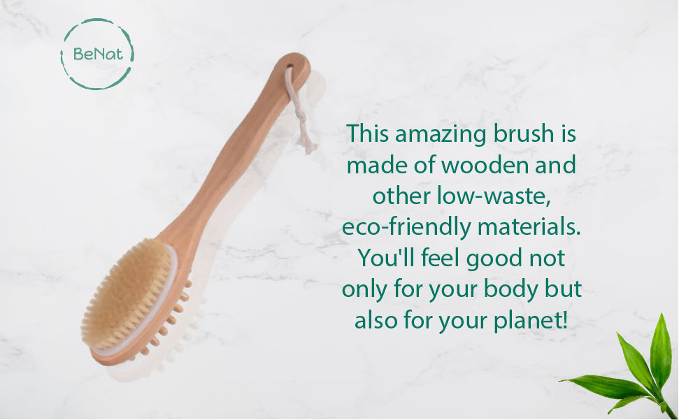 Wood bath and body massage brush with oval bristle head and tassel loop handle