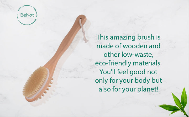 Wood bath and body massage brush with oval bristle head and tassel loop handle