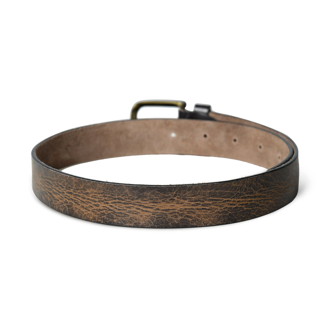 Dark brown leather belt with punched holes and keeper ring