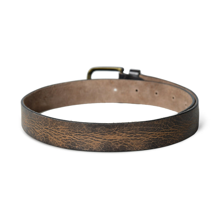 Dark brown leather belt with punched holes and keeper ring