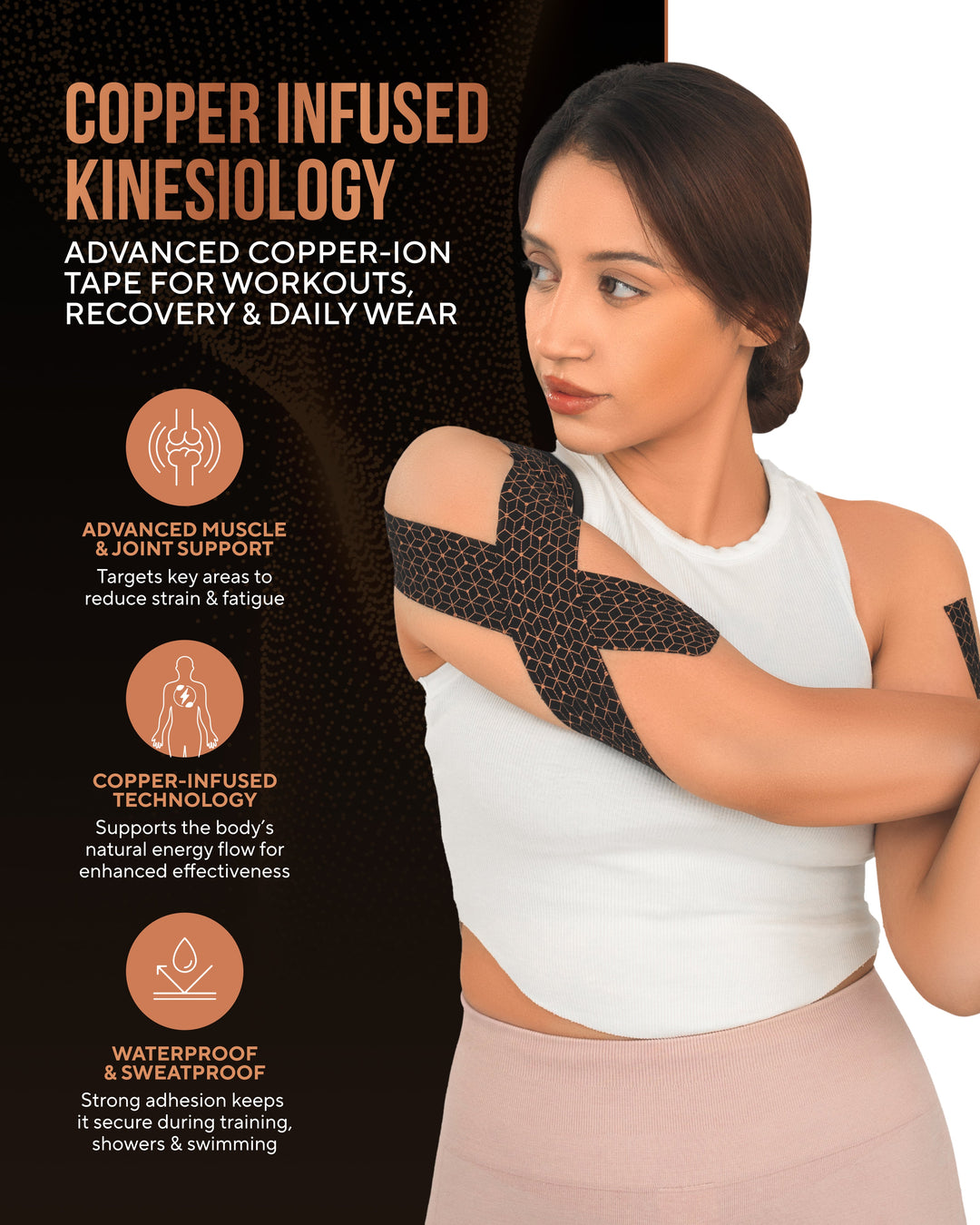 Copper-infused kinesiology tape on arm and shoulder, dark honeycomb design