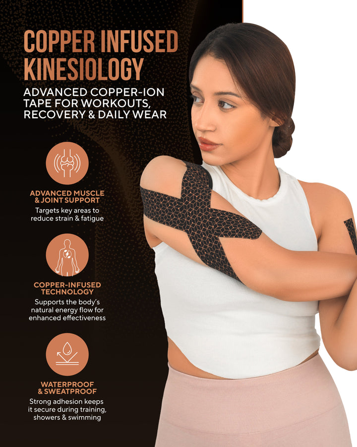 Copper-infused kinesiology tape on arm and shoulder, dark honeycomb design