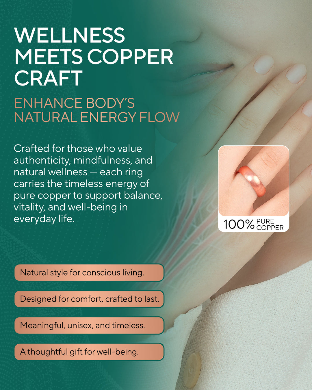 Copper domed ring on finger, close view of hand wearing the ring