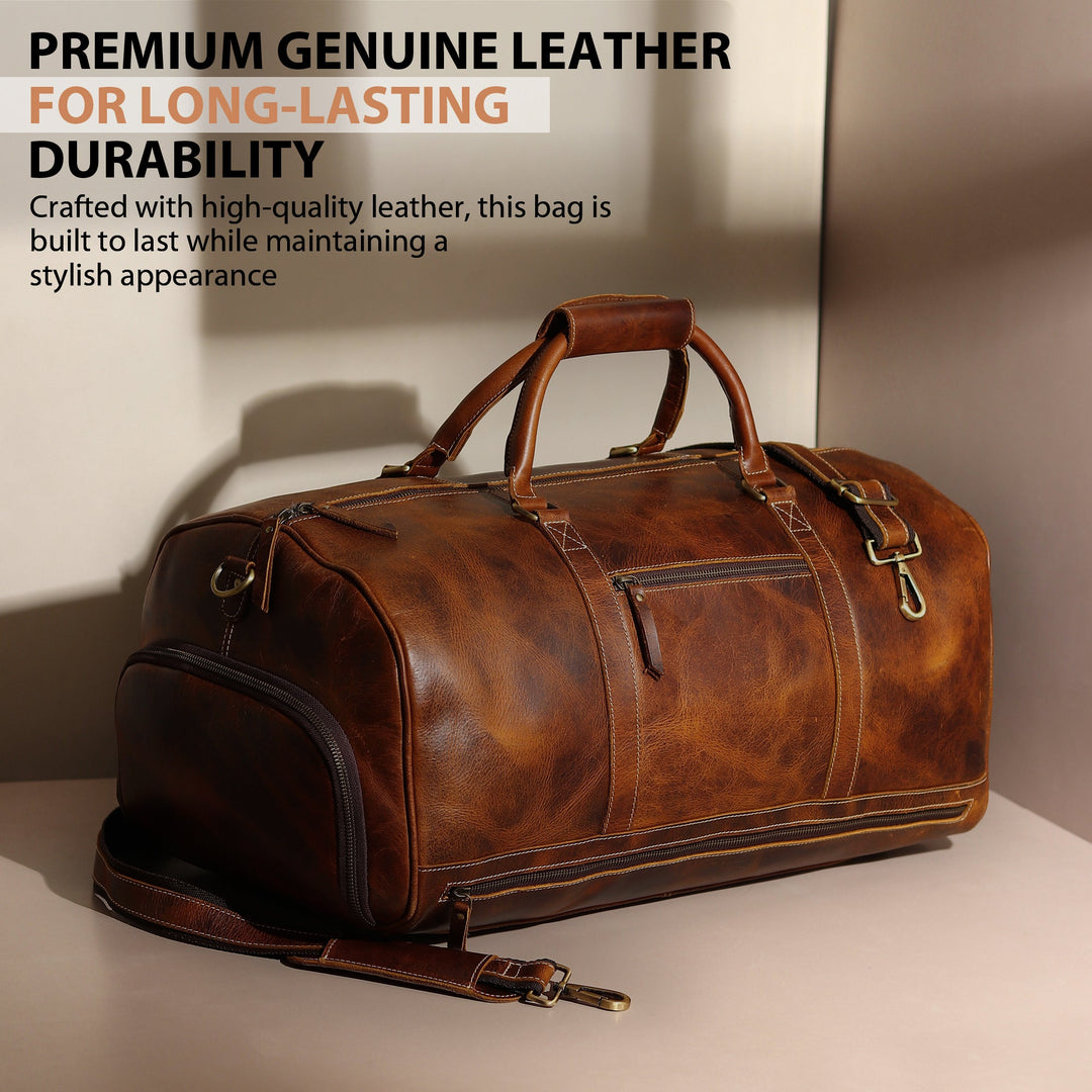 Brown leather duffel bag with two handles, front zipper, and crossbody strap.