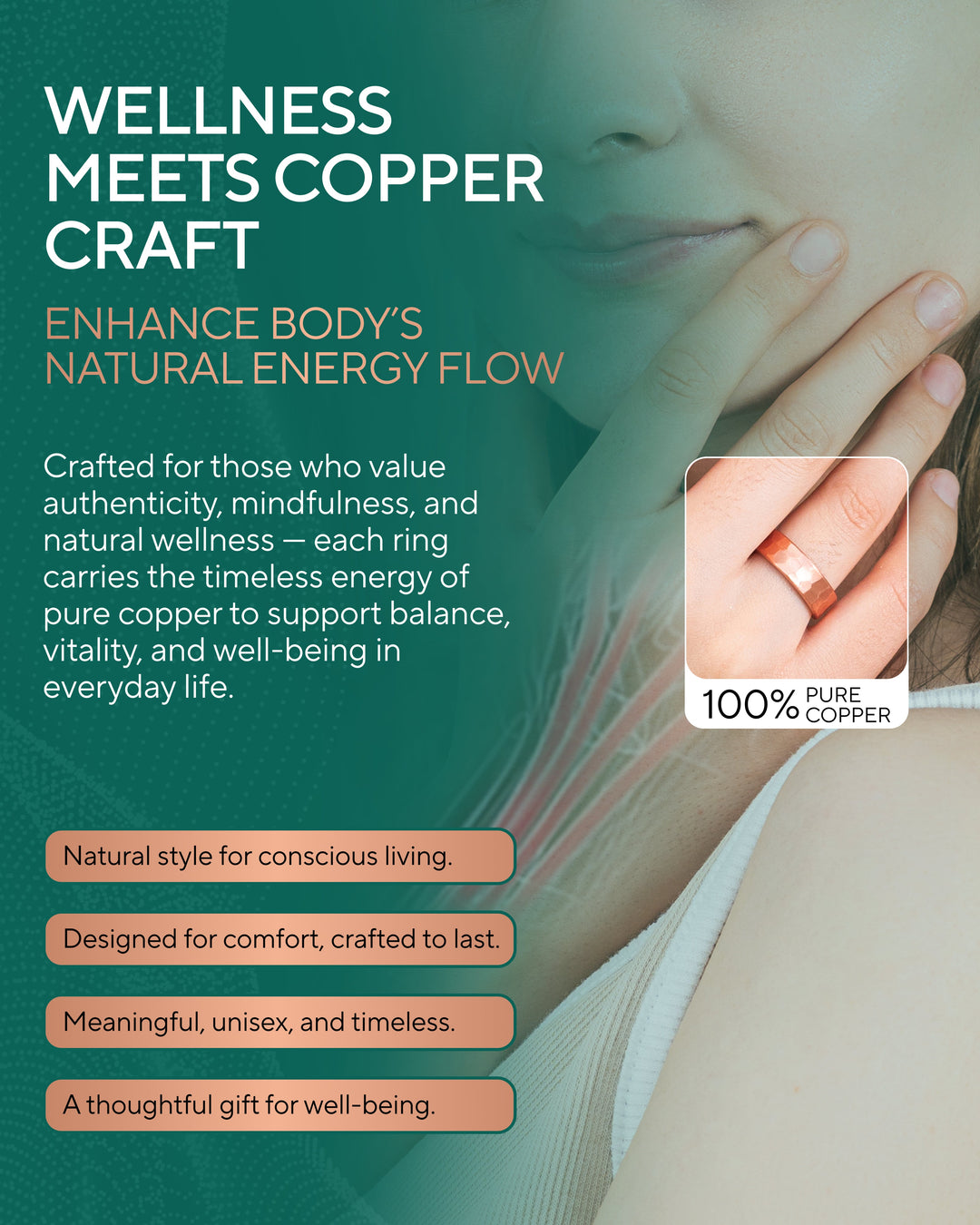 Copper hammered ring on finger, wide band with subtle shine