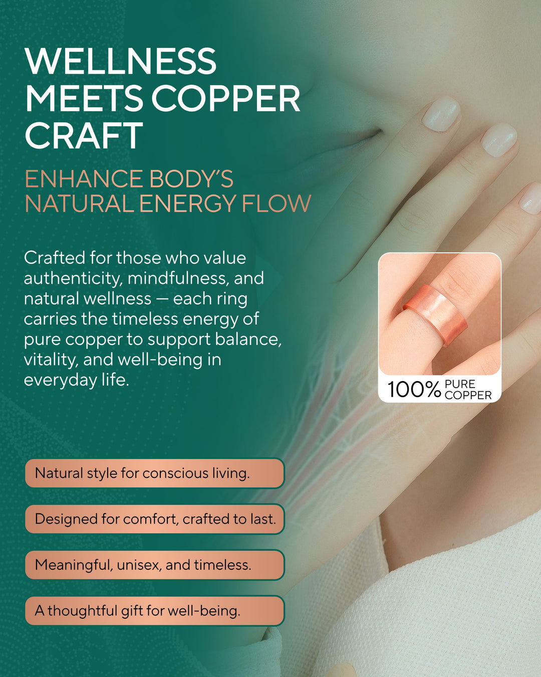 Copper hammered ring on finger, wide open-cuff band