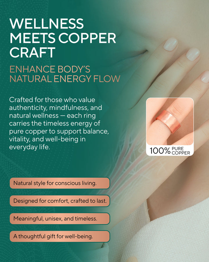 Copper hammered ring on finger, wide open-cuff band