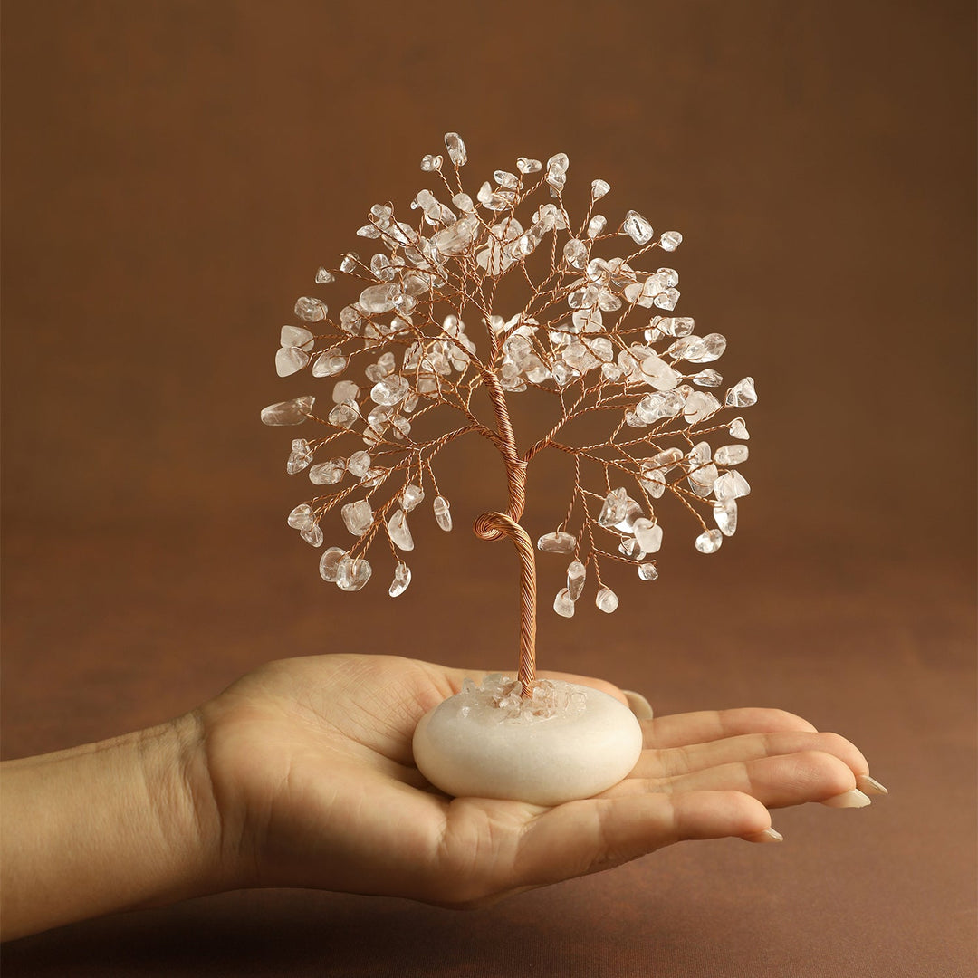 Clear quartz crystal tree with white jade base