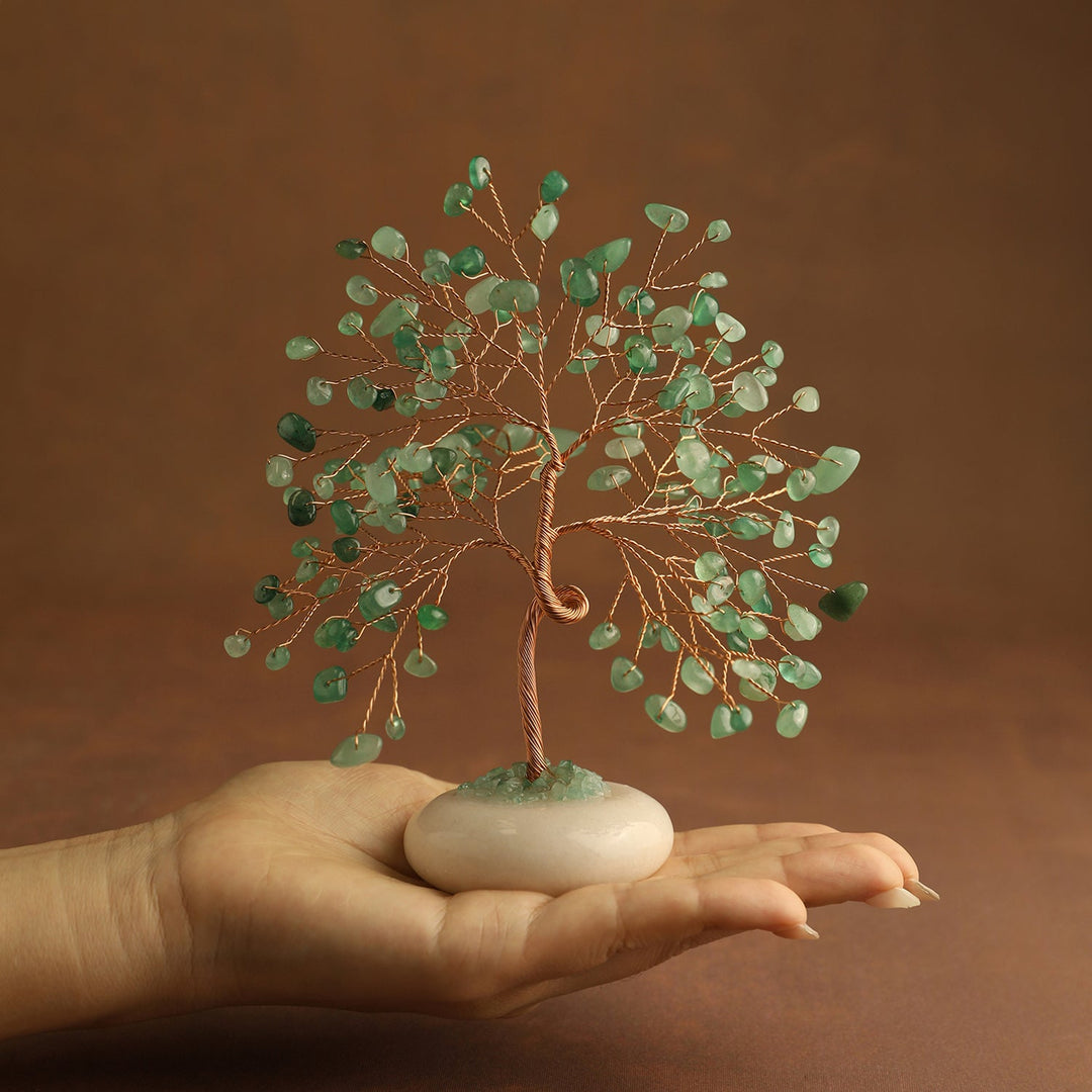 Green aventurine crystal tree with white jade base