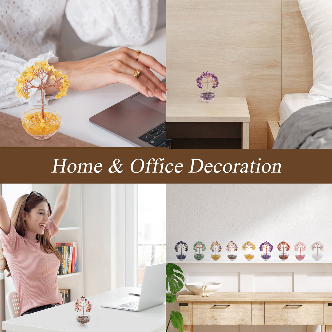 Home and office decoration collage featuring crystal tree ornaments on a shelf