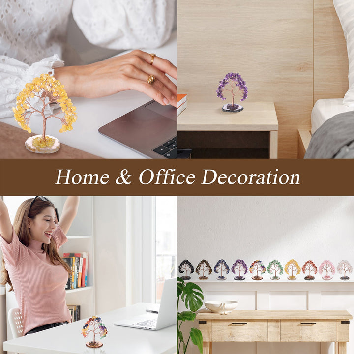 Crystal tree home and office decoration collage featuring several crystal tree designs