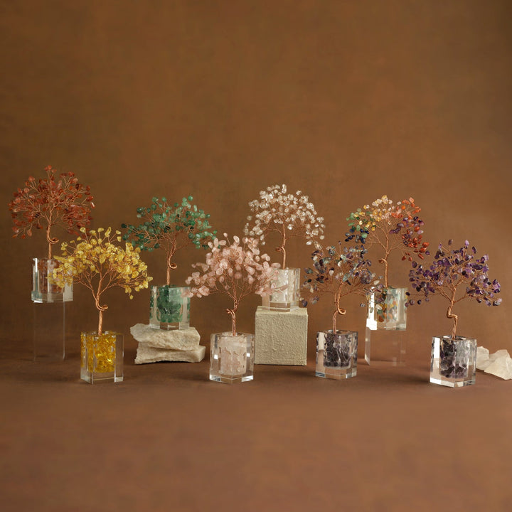 Crystal bead tree decoration with multicolor gem branches in clear cube stand
