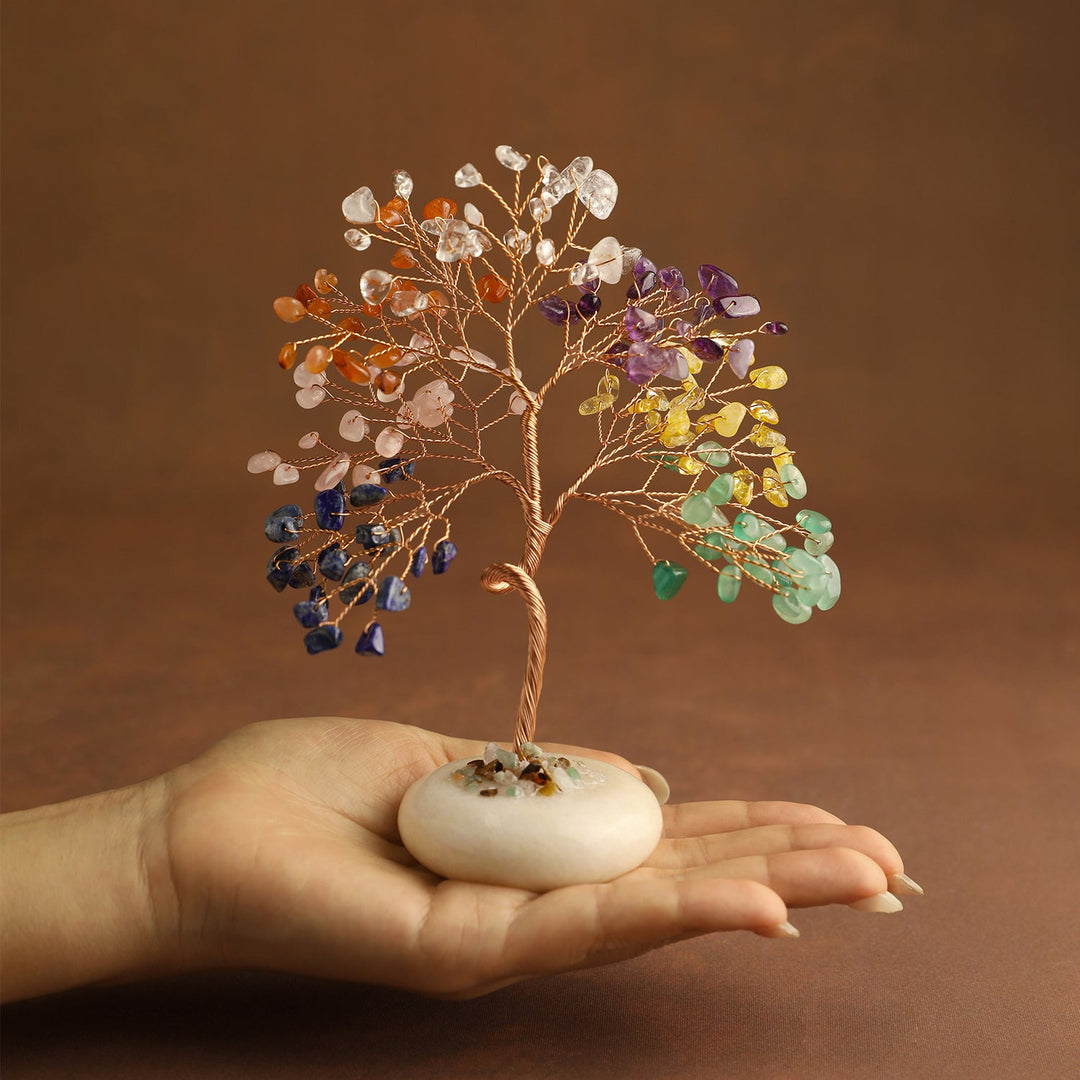 Multicolor crystal tree with branch-wrapped trunk and white jade base
