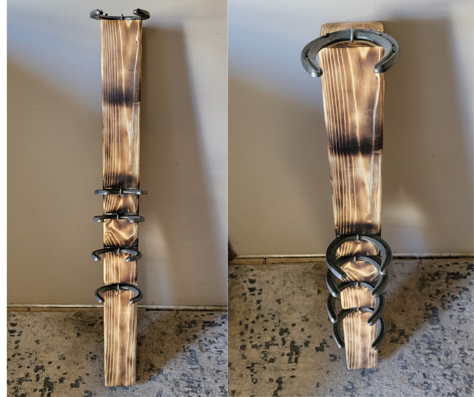 Wood motorcycle helmet rack with four hanging bracket loops