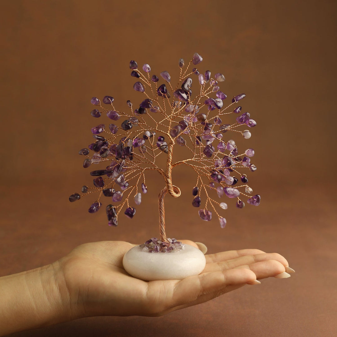 Amethyst crystal tree with white jade base