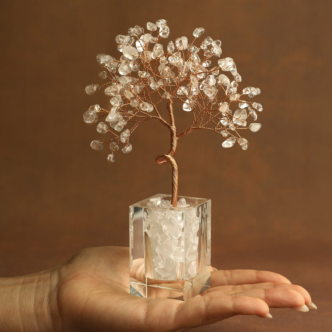 Clear crystal tree ornament with wire branches and quartz-style chips in a clear cube base