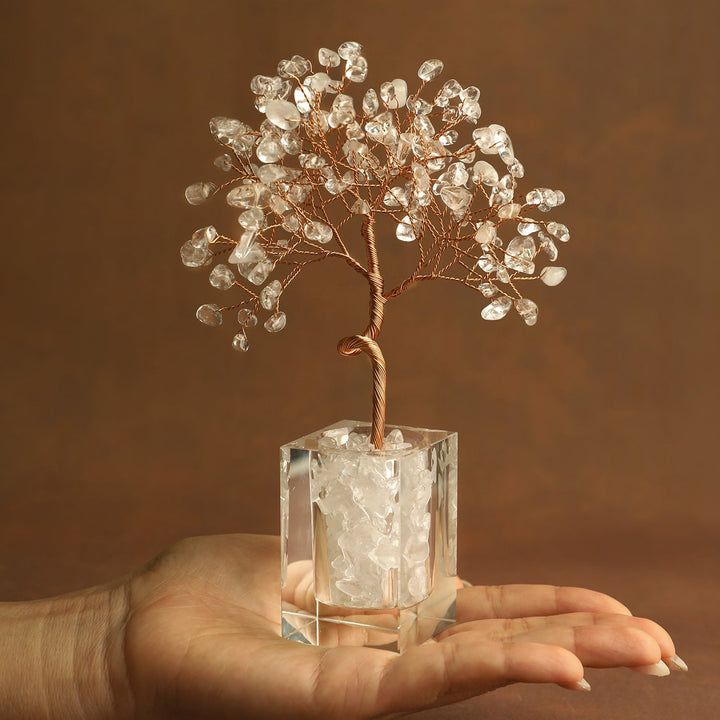 Clear crystal tree ornament with wire branches and quartz-style chips in a clear cube base