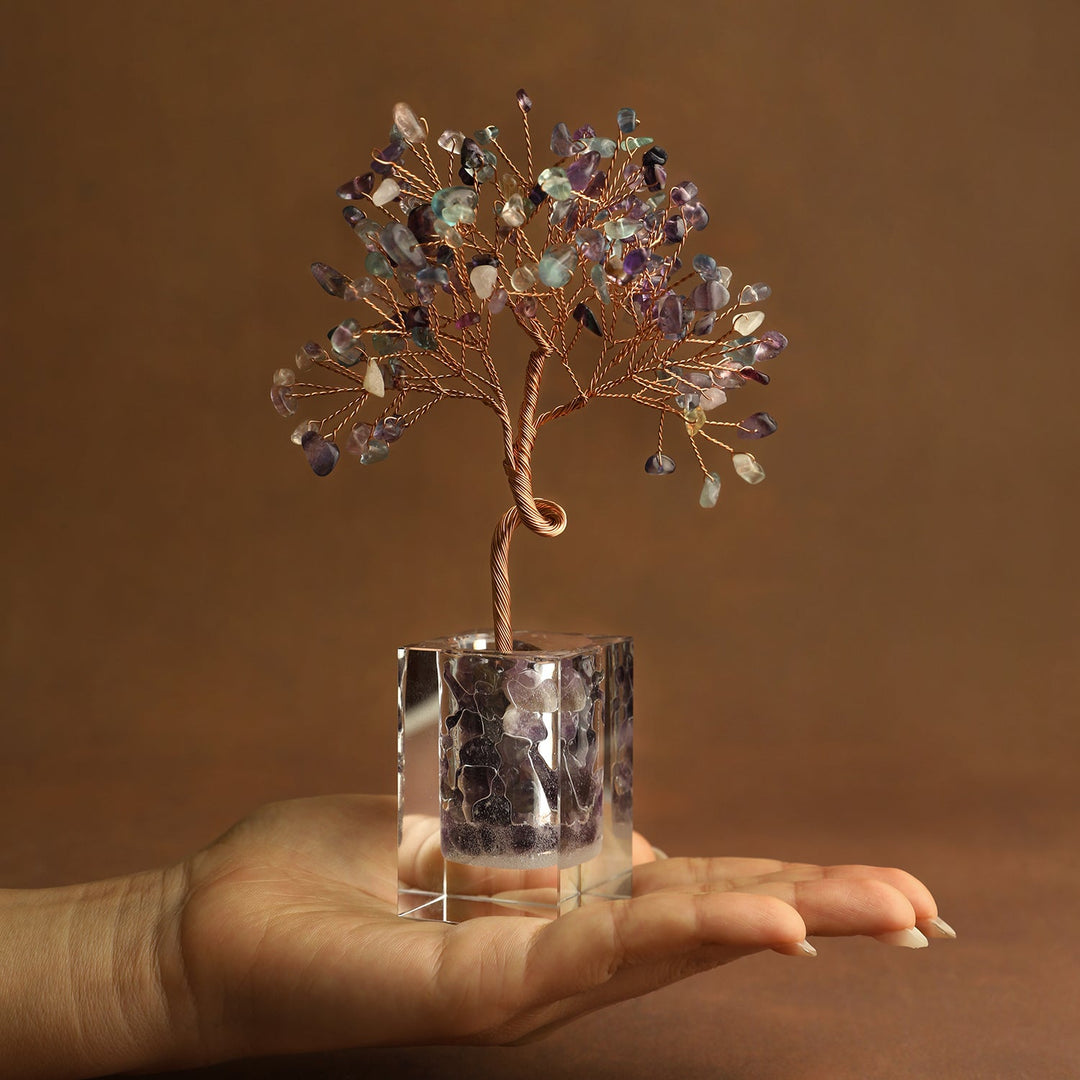Multi-color crystal tree ornament with wire branches and mixed stones in a clear cube base