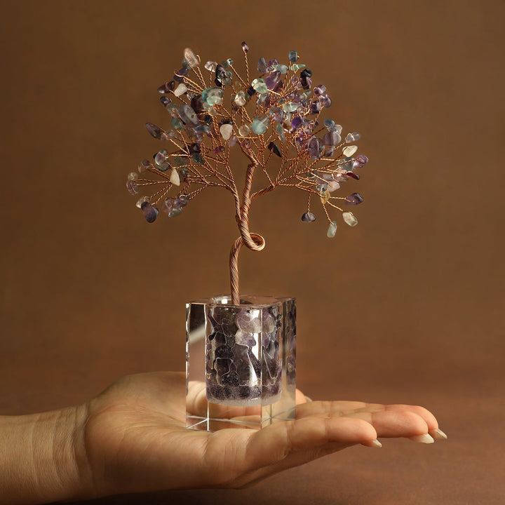 Multi-color crystal tree ornament with wire branches and mixed stones in a clear cube base