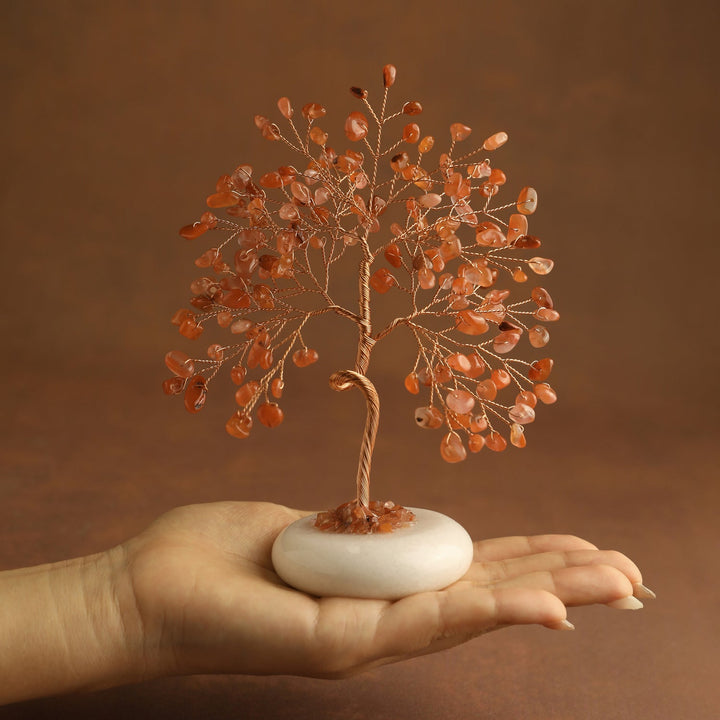 Carnelian crystal tree with white jade base