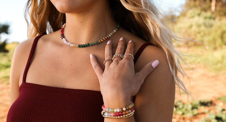 Multicolor gemstone bead necklace on model's neck with gold-tone clasp