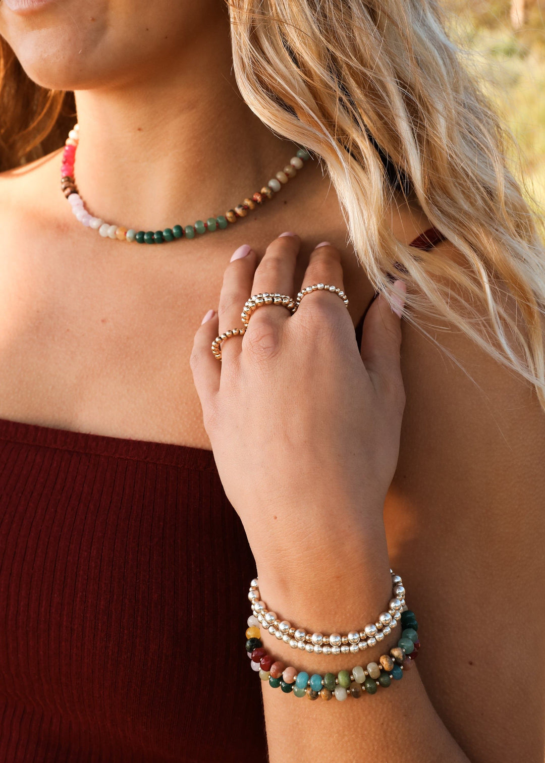 Multicolor gemstone bead necklace with gold-tone toggle clasp