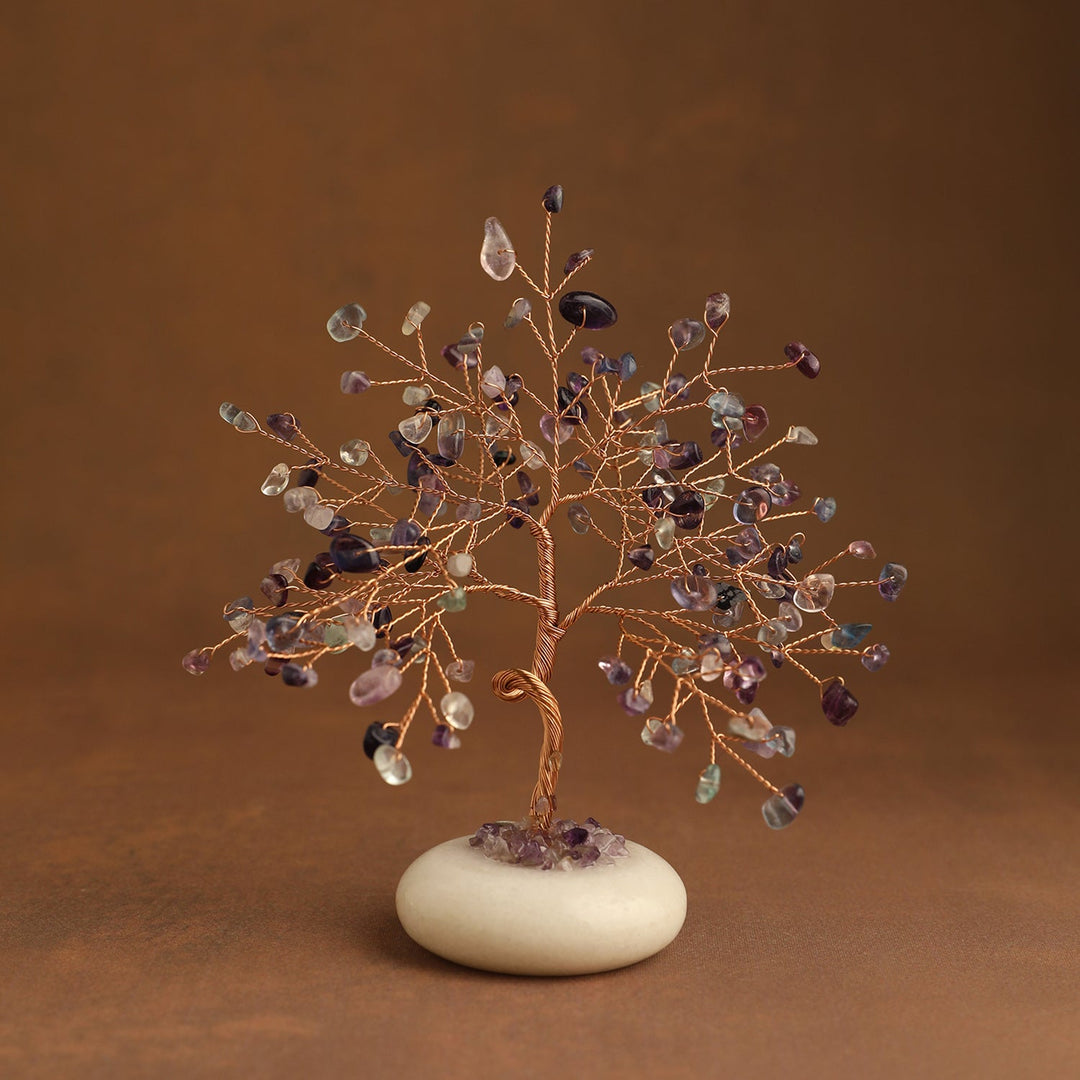 Multicolor gemstone crystal tree with white jade base