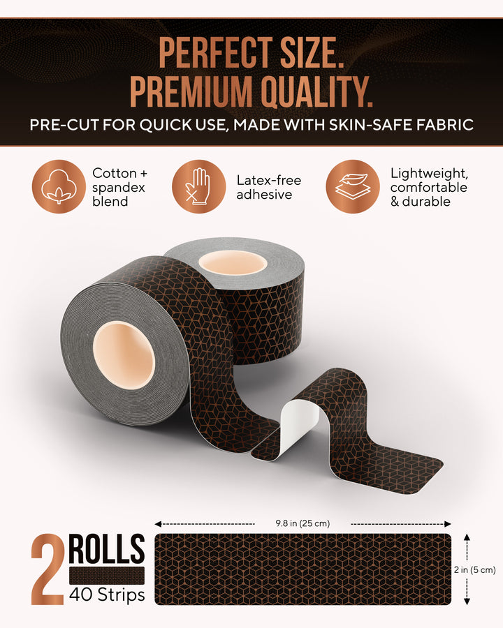 Copper kinesiology tape rolls with long precut strips, dark honeycomb pattern