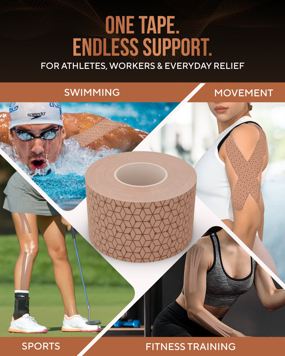 Tan kinesiology tape roll for sports and movement support