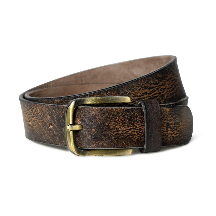 Dark brown leather men's belt with gold-tone rectangular buckle and keeper