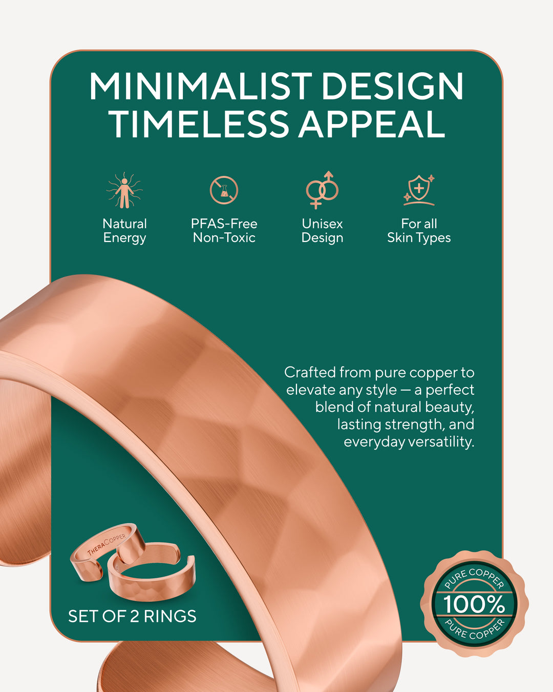 Copper hammered ring set of two, wide minimalist bands