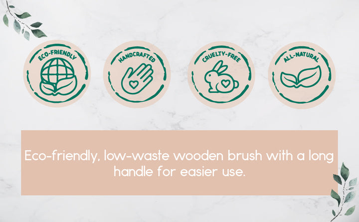 Wood bath and body massage brush shown with oval soft bristle head and long handle