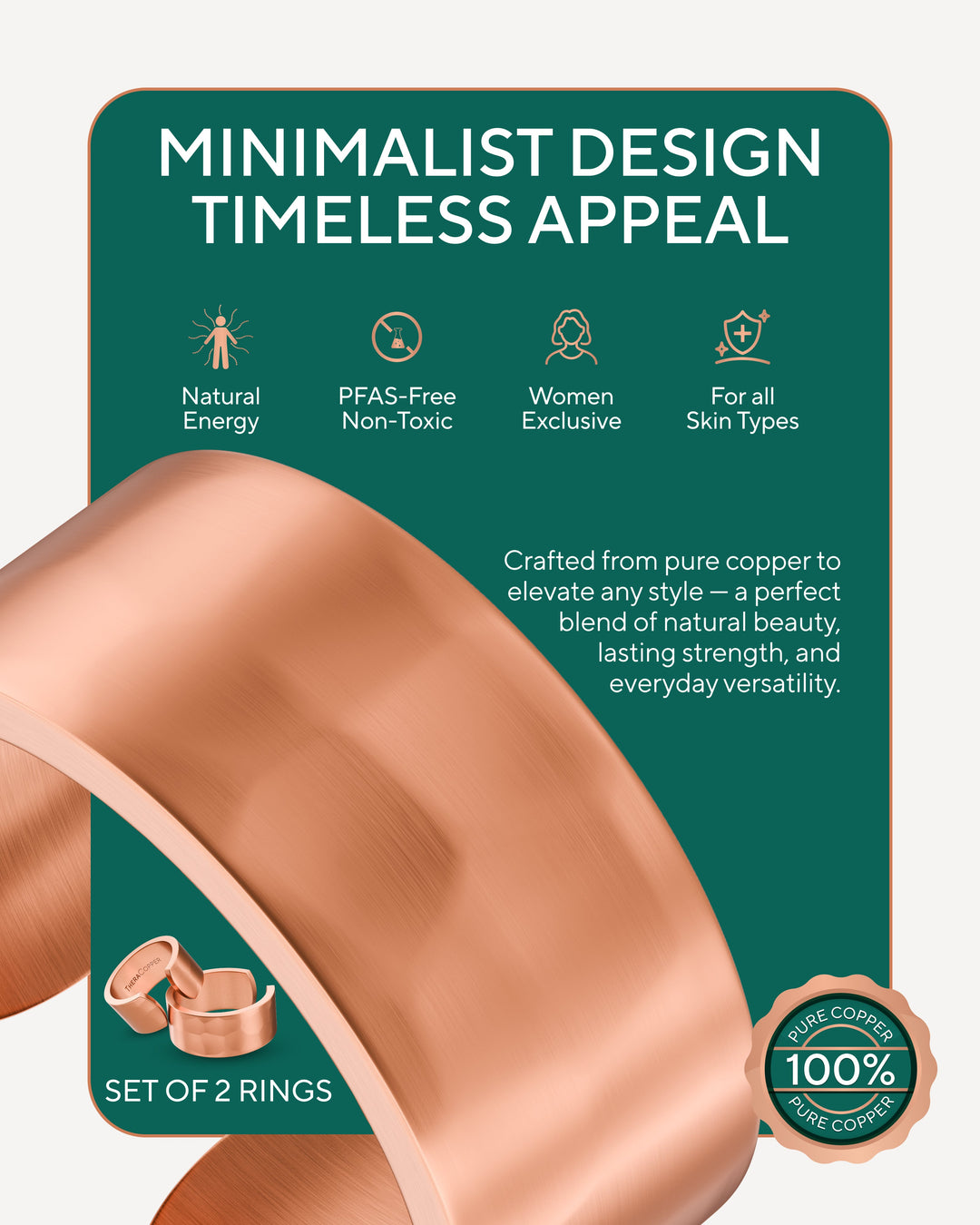 Two hammered copper open-cuff rings, minimalist wide bands