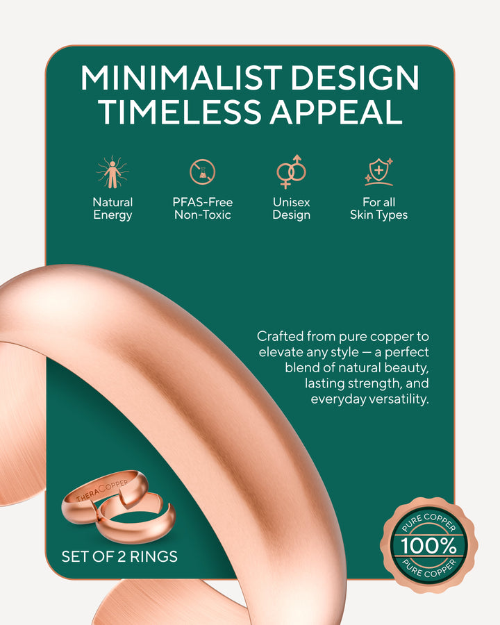 Pure copper domed rings set on card, rounded open band rings shown