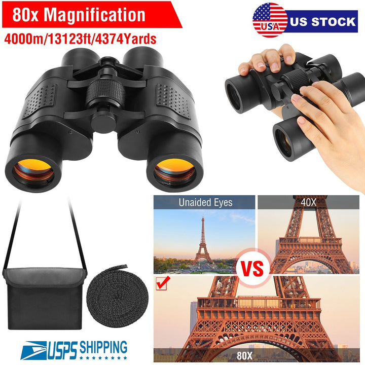 Black binoculars with lens covers and black shoulder strap bag
