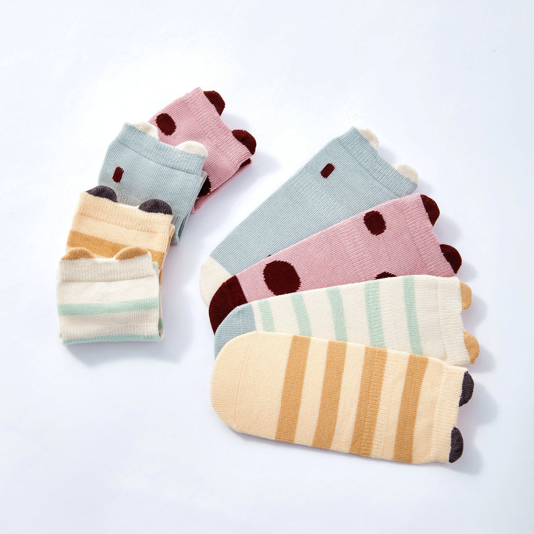 Baby non-slip socks set with mixed stripes, dots, and ladybug-graphic grippers