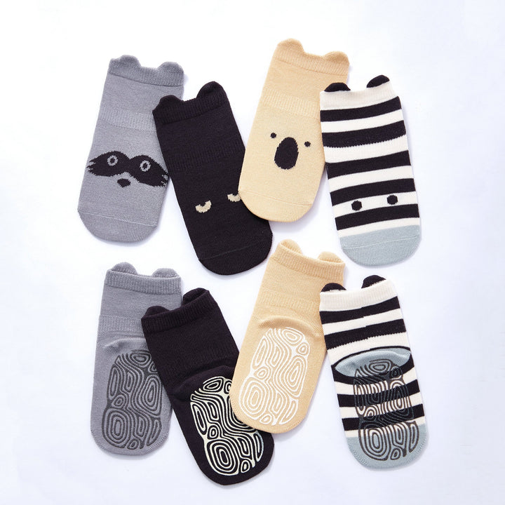 Baby non-slip socks, assorted colors with animal faces, stripes, and textured grippy soles