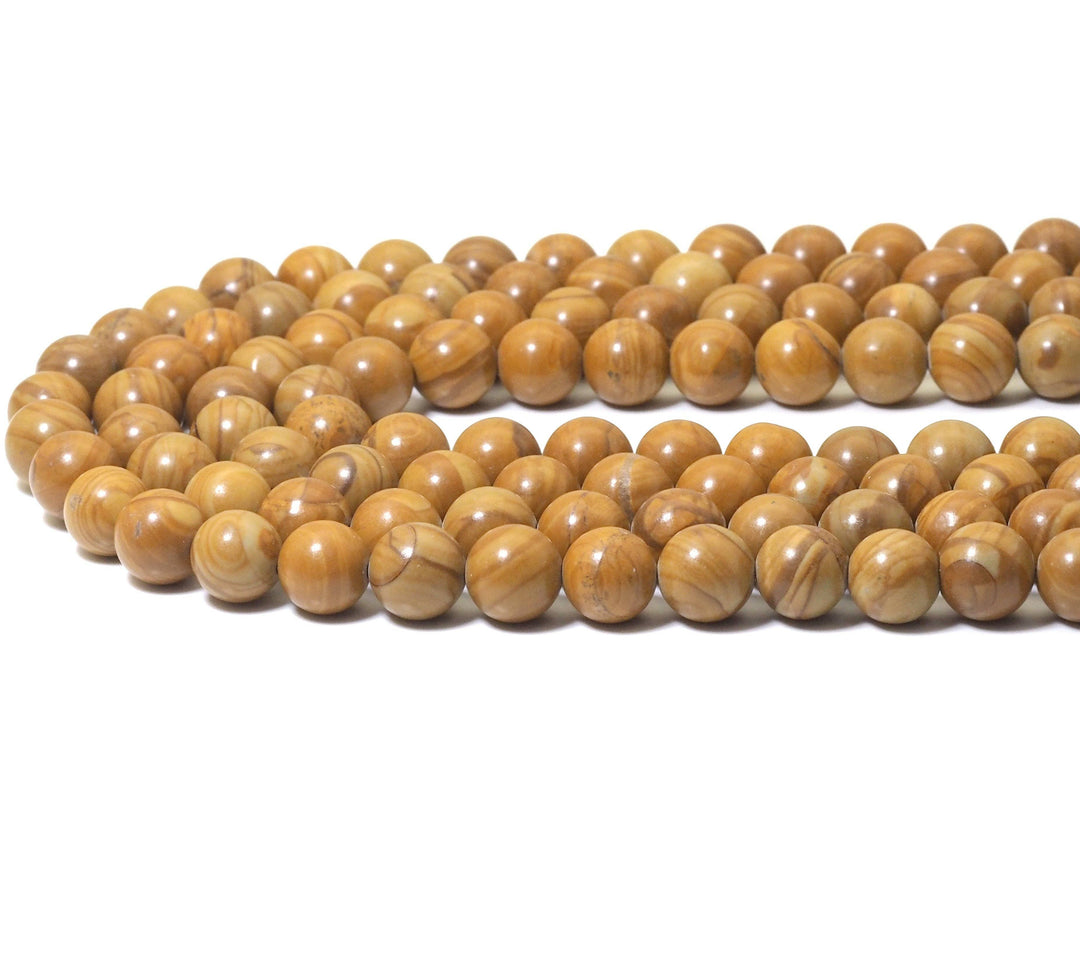 Wood agate round smooth beads strand, evenly spaced warm tan beads