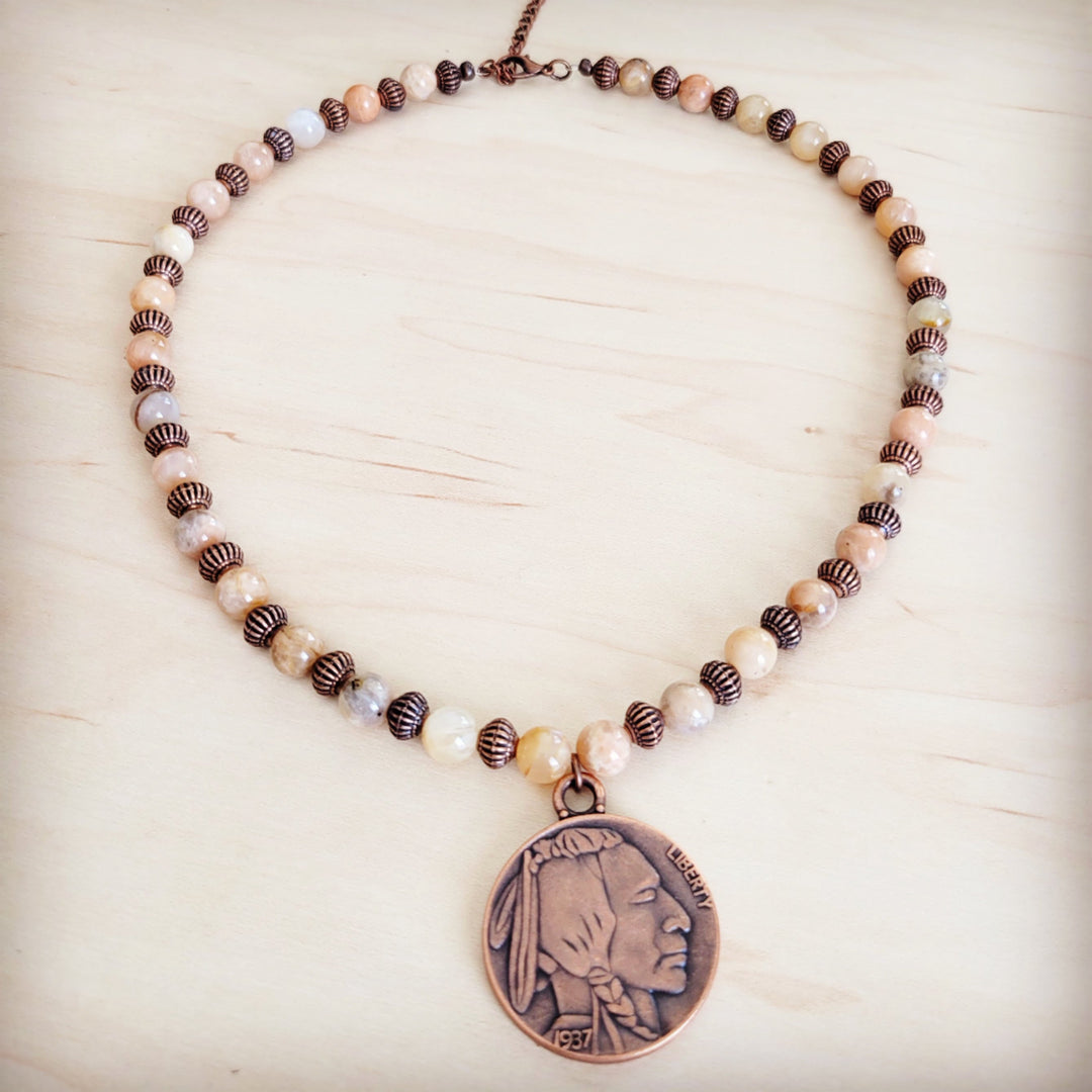 Agate bead choker necklace with Indian head coin pendant and copper-tone accents