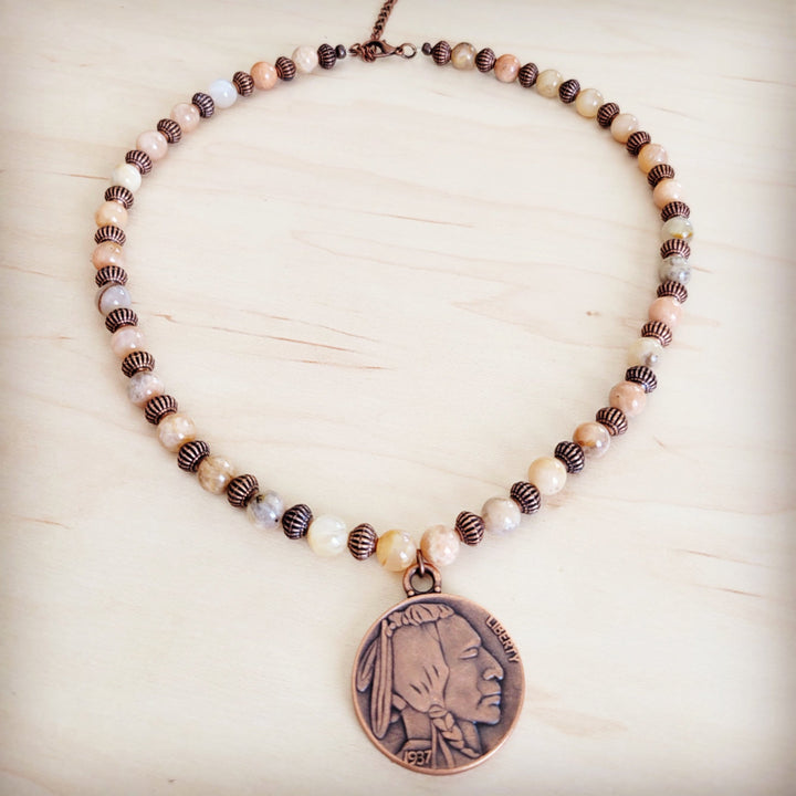 Agate bead choker necklace with Indian head coin pendant and copper-tone accents