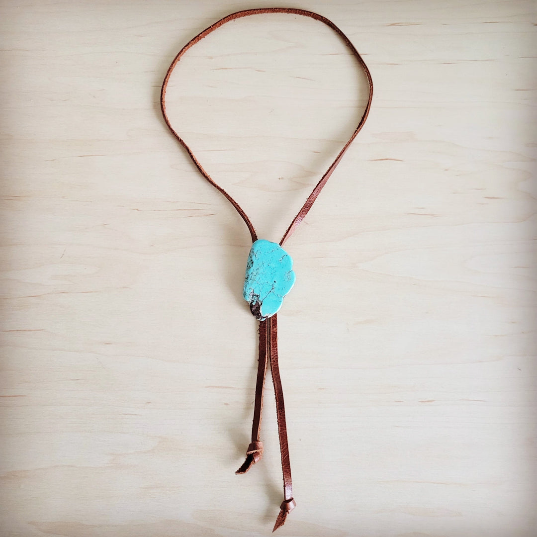 Boho turquoise slab pendant on brown leather lariat necklace with dangling ends