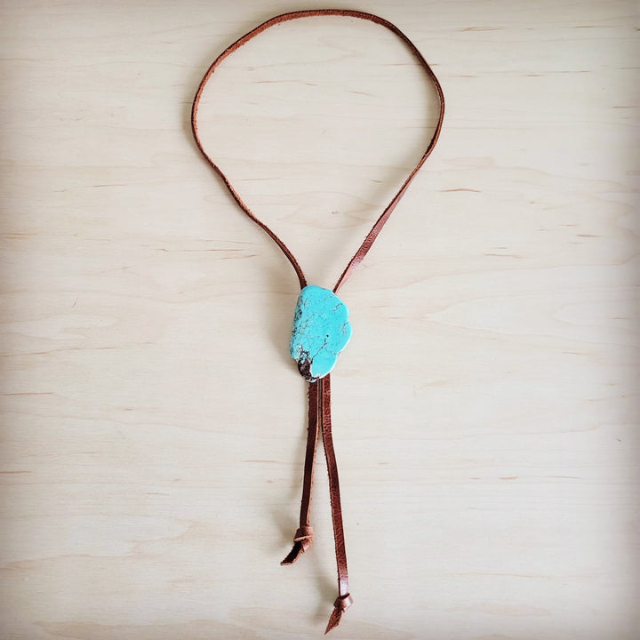 Boho turquoise slab pendant on brown leather lariat necklace with dangling ends